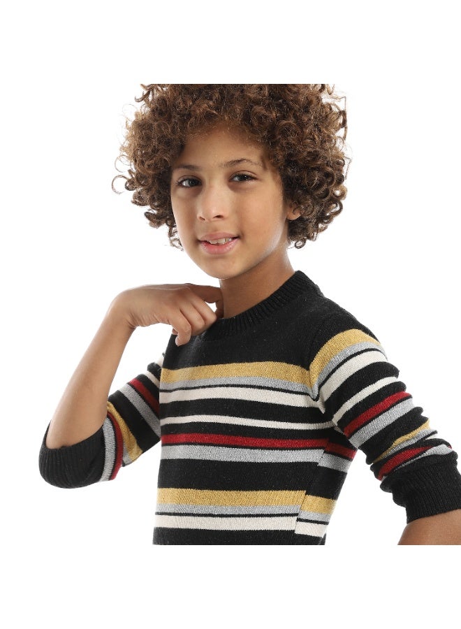 Andora Striped Self Patteren Round Collar Multicolour Pullover_Black - Image 3