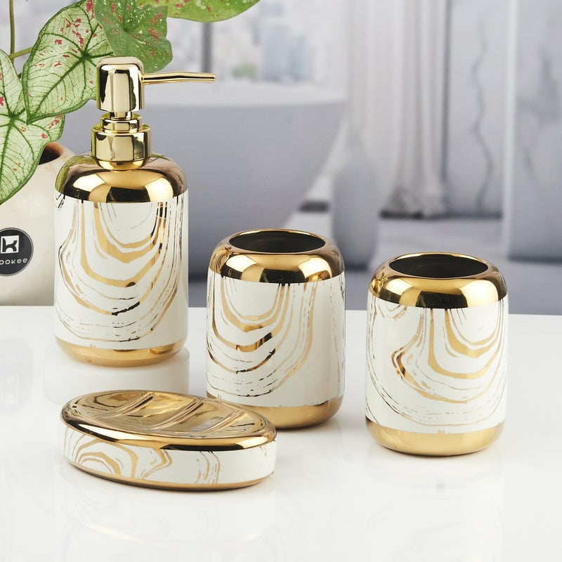 Kookee Ceramic Bathroom Set - Stylish 4 Piece Bath Accessories Kit with Soap Dispenser, Toothbrush Holder, Tumbler & Soap Dish - Modern & Designer Decor for Home & Guest Bathrooms (11438) - Image 1