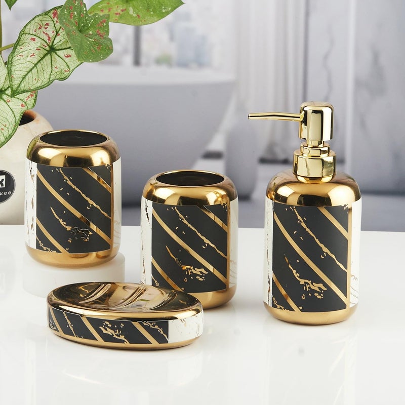Kookee Ceramic Bathroom Set - Stylish 4 Piece Bath Accessories Kit with Soap Dispenser, Toothbrush Holder, Tumbler & Soap Dish - Modern & Designer Decor for Home & Guest Bathrooms (11438) - Image 3