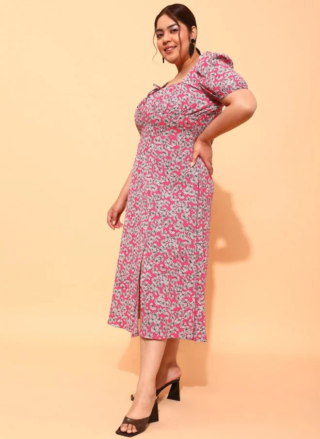CURVY STREET Fuchsia Floral Midi A-Line Dress for Women