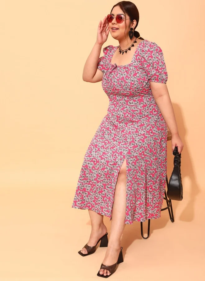 CURVY STREET Fuchsia Floral Midi A-Line Dress for Women