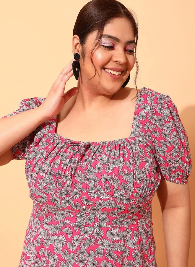 CURVY STREET Fuchsia Floral Midi A-Line Dress for Women