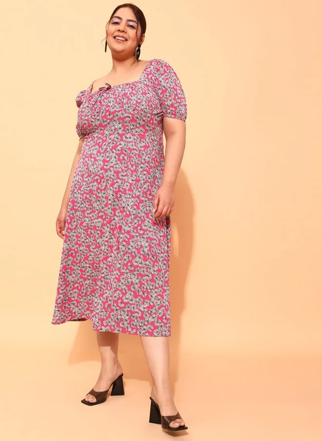 CURVY STREET Fuchsia Floral Midi A-Line Dress for Women