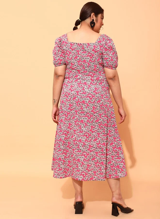 CURVY STREET Fuchsia Floral Midi A-Line Dress for Women