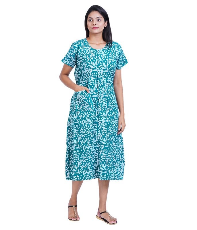 MENMAII Women's [L-4XL] Full Open /Front Buttoned [a kind of Adaptive Clothing]Multipurpose Nighty for Maternity/Pregnancy /Elderly /Patient/Feeding /Hospital Purpose Nighty(Green Batik - XXL/ Calf Length - Image 1