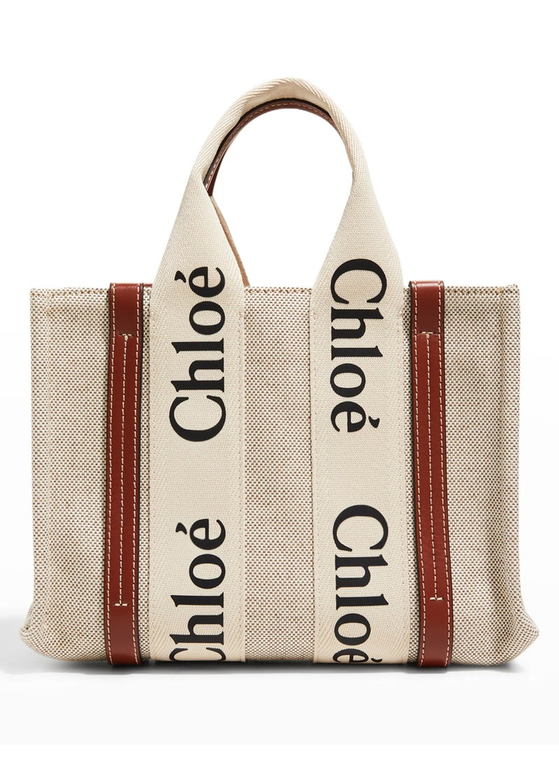 Chloe Woody Small Women Tote Bag in Linen, Women Shoulder Bag, Women Hand Bag, Women's Travel Bag, Women's Shopping Bag, White-Brown - Image 1