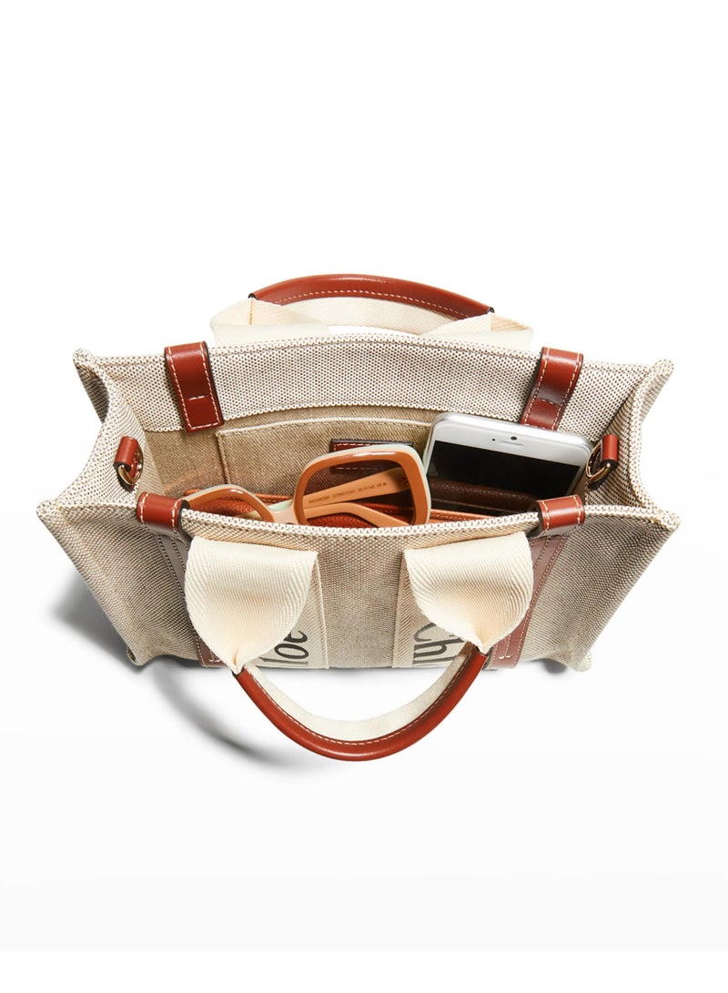 Chloe Woody Small Women Tote Bag in Linen, Women Shoulder Bag, Women Hand Bag, Women's Travel Bag, Women's Shopping Bag, White-Brown - Image 5