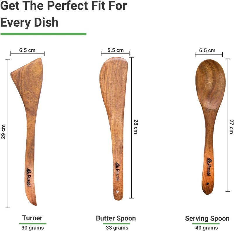 Rusabl (Pack of 3) 100% Pure Sheesham Wooden Spatulas, Premium Palta, Butter Spoon & Serving Spoon for Cooking Dosa, Chapati, Rice, Kitchen Tools with Non-Toxic Polish, Heat Resistant, Non-Stick - Image 3