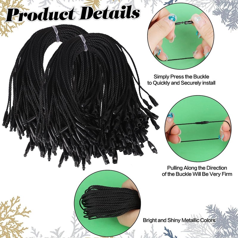 FOIMAS 400pcs Christmas Ornament Hanger String Hook Hanging Ropes with Snap Locking Fastener for Halloween Christmas Tree Hanging Ornament Decoration Supply,Black - Image 3