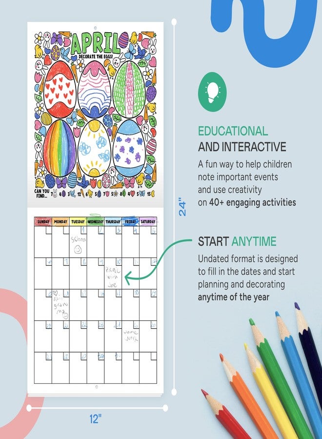 تايني إكسبريشنز تقويم تلوين وأنشطة ممتع للأطفال من Tiny Expressions، بدون تاريخ، مقاس 12×12 بوصة، تلوين وأنشطة شهرية، تقويم تعليمي للمدرسة والمنزل - Image 2