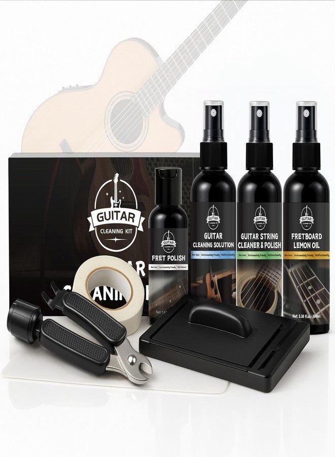 WAN2TLK 8Pcs Guitar Cleaning Kit, Guitar Maintenance Kit Includes Fret Polish, Cleaning Solution, Fretboard Lemon Oil, String Cleaning & Polish, String Cleaner, String Tuner, Masking Tape, 2 Cloth - Image 1