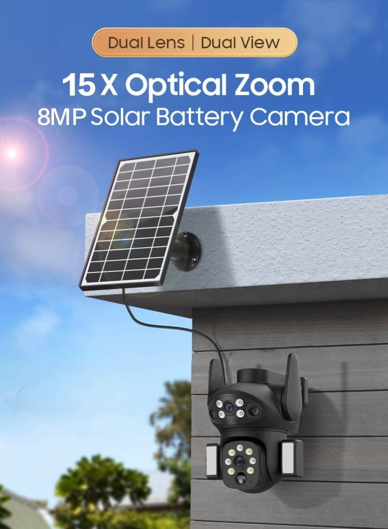 Generic 4K 8MP Solar Camera 4G Sim PTZ Cameras Outdoor Dual Lens IP Camara Solar Panel CCTV Security Built in Battery PIR Cam (With128GB SD Card)，with dual courtyard lights  - Image 2