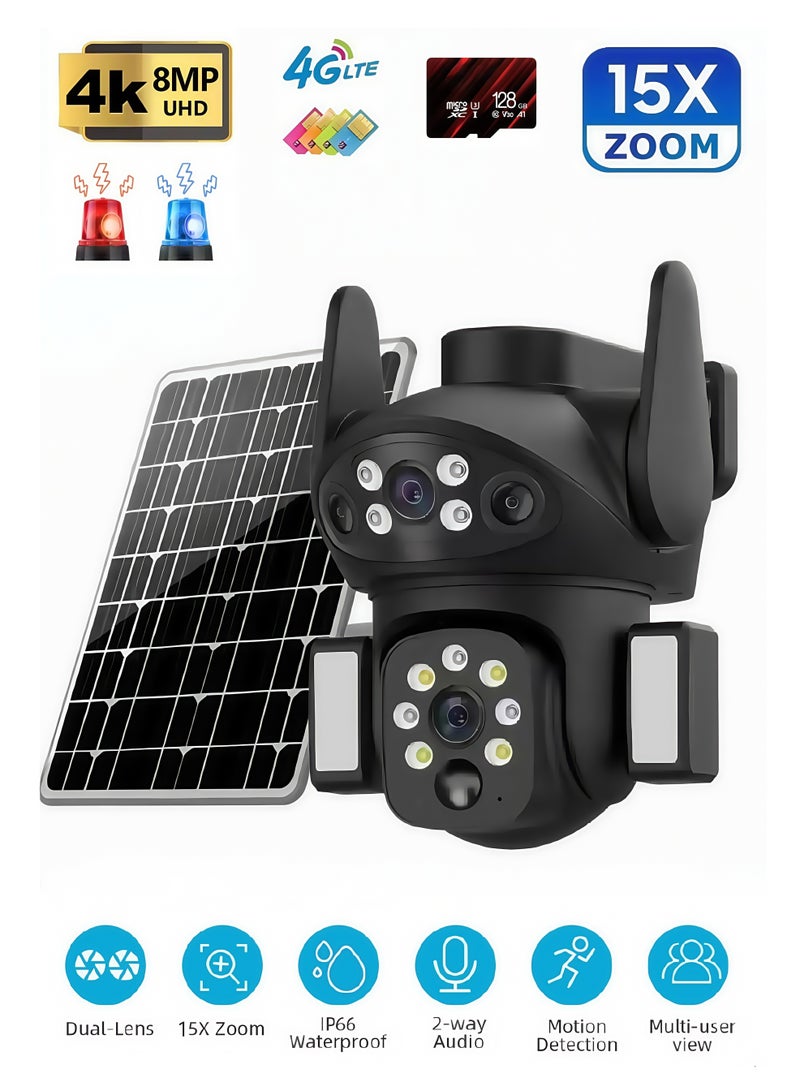 Generic 4K 8MP Solar Camera 4G Sim PTZ Cameras Outdoor Dual Lens IP Camara Solar Panel CCTV Security Built in Battery PIR Cam (With128GB SD Card)，with dual courtyard lights  - Image 1