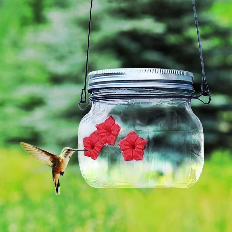 woobles Beautiful Mason Jar Hummingbird Feeder with Three Ports, Clear Little Bird Wild Birds Feeding Jar with Flower Feeding Ports, Portable Fluid Flower Hummingbird Feeder for Outdoor Hanging 500ml (1PCS) - Image 5
