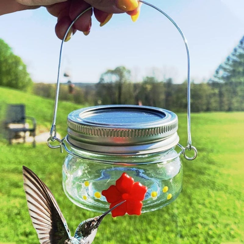 woobles Beautiful Mason Jar Hummingbird Feeder with Three Ports, Clear Little Bird Wild Birds Feeding Jar with Flower Feeding Ports, Portable Fluid Flower Hummingbird Feeder for Outdoor Hanging 500ml (1PCS) - Image 3