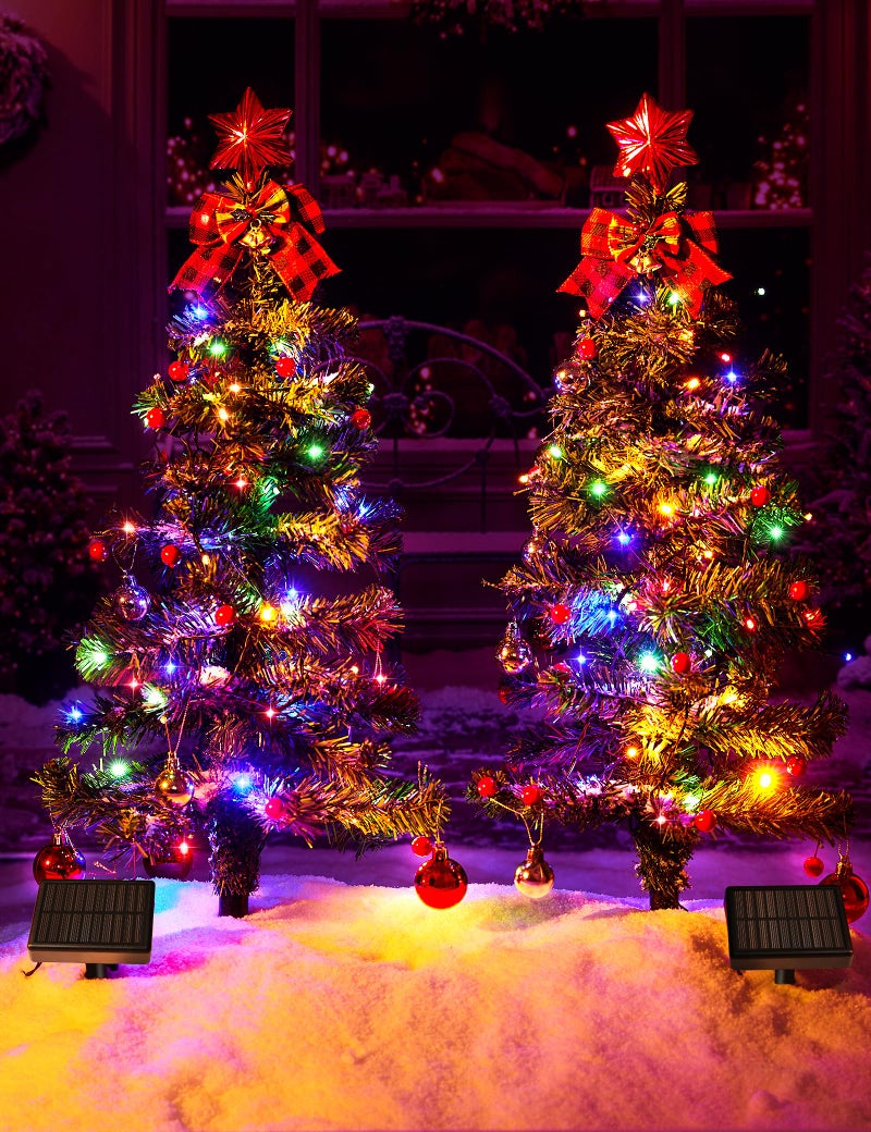 100LED Solar Christmas Tree Lights Outdoor Waterproof 8 Modes Large Solar Christmas Trees Lights with Xmas Ball Red Berry Solar Powered Christmas Decorations for Outside Pathway Garden Yard Decor