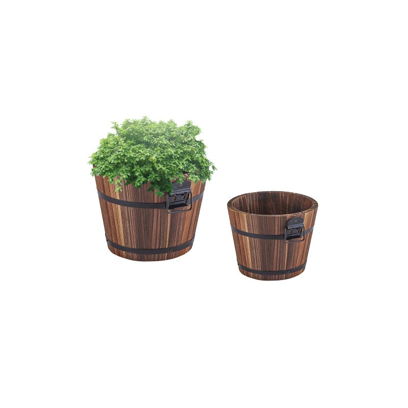 HAKKART Small Wooden Bucket Barrel Planters  8 Inch 7 Inch Rustic Flower Planters Pots Boxes Container with Drainage Holes for Indoor Home Decor Small Plants Brown Set of 2