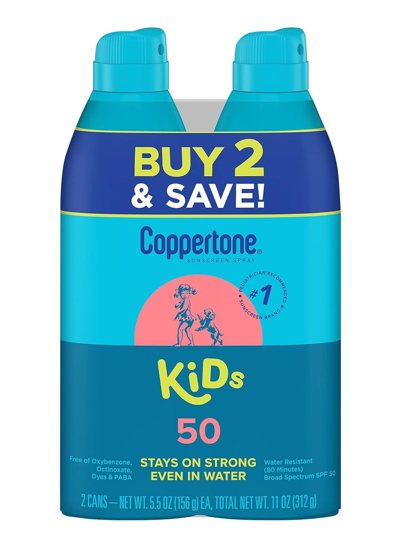 Coppertone KIDS Sunscreen Continuous Spray SPF 50 (5.5 Ounce, Pack of 2) (Packaging may vary), White