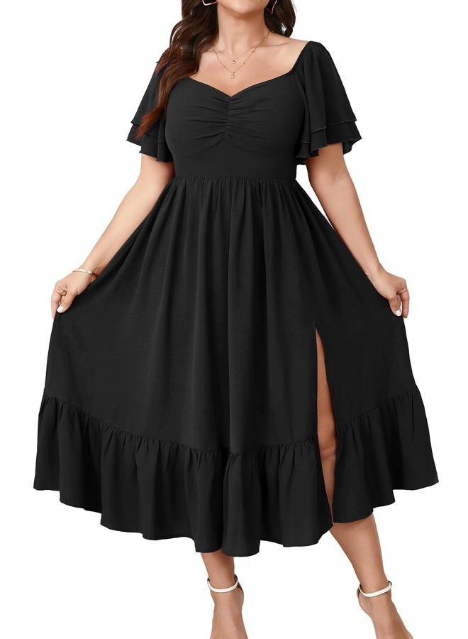 SCOMCHIC Womens Plus Size Wedding Guest Cocktail Dresses Sweetheart Neckline Short Sleeve Smocked Ruffle Slit Maxi Dress, Black, 3XL Plus - Image 1