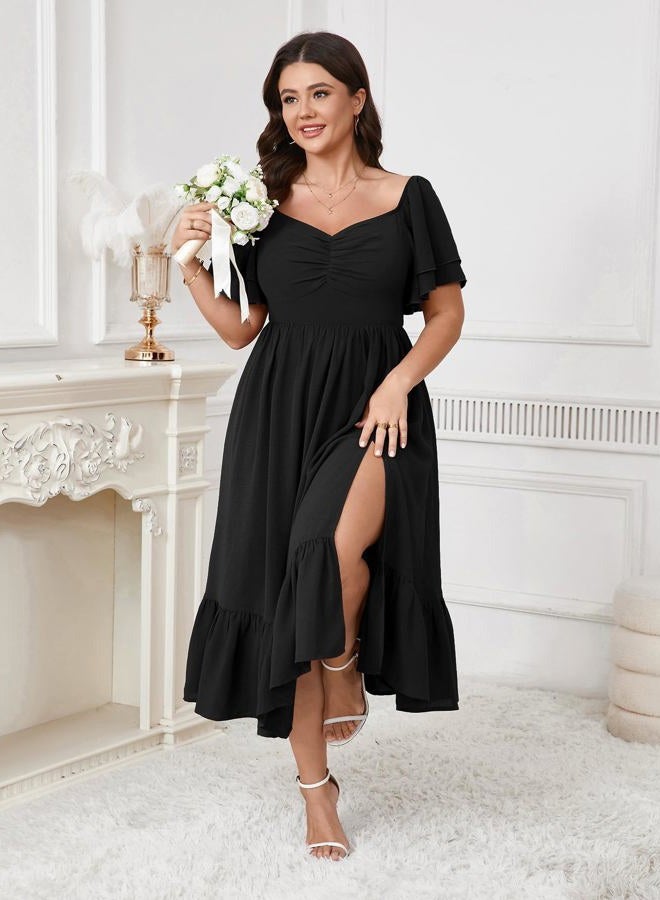 SCOMCHIC Womens Plus Size Wedding Guest Cocktail Dresses Sweetheart Neckline Short Sleeve Smocked Ruffle Slit Maxi Dress, Black, 3XL Plus - Image 4
