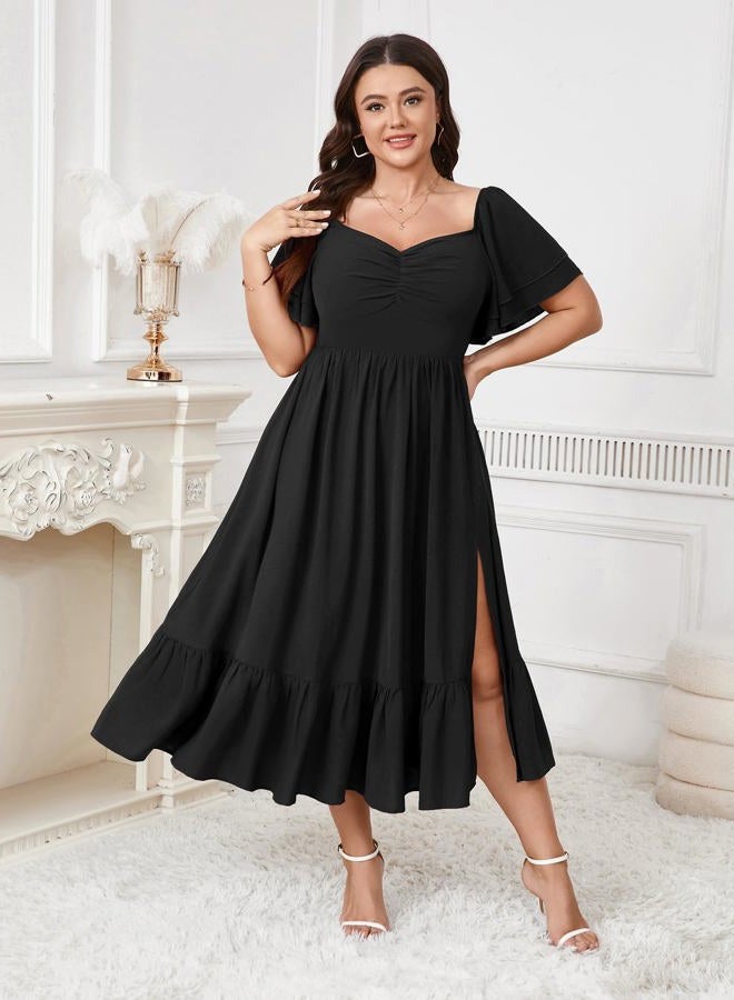 SCOMCHIC Womens Plus Size Wedding Guest Cocktail Dresses Sweetheart Neckline Short Sleeve Smocked Ruffle Slit Maxi Dress, Black, 3XL Plus - Image 2