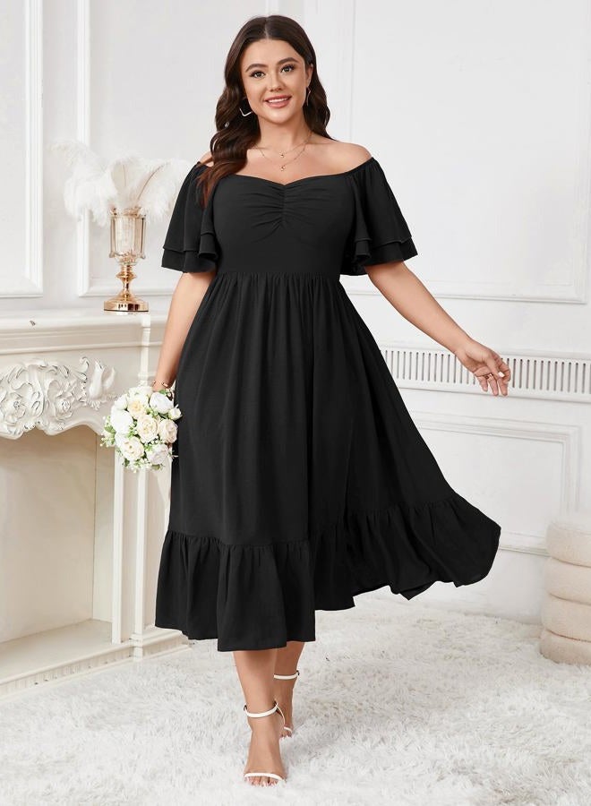 SCOMCHIC Womens Plus Size Wedding Guest Cocktail Dresses Sweetheart Neckline Short Sleeve Smocked Ruffle Slit Maxi Dress, Black, 3XL Plus - Image 5
