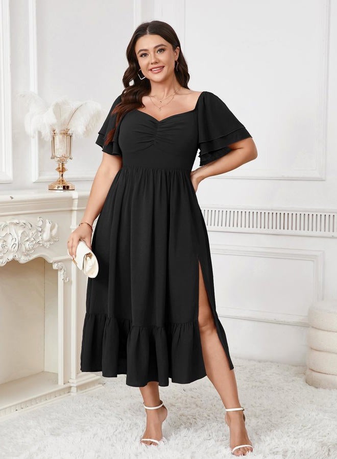 SCOMCHIC Womens Plus Size Wedding Guest Cocktail Dresses Sweetheart Neckline Short Sleeve Smocked Ruffle Slit Maxi Dress, Black, 3XL Plus - Image 3