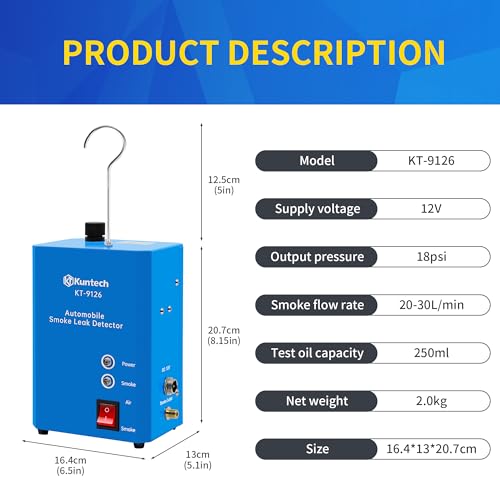 Kuntech Automotive Smoke Machine Built-in Air Pump, 12V DC Smoke Leak Detector for Pipe System, Fuel Leakage, Leakage Diagnostic Tester for All Cars, Blue - Image 4