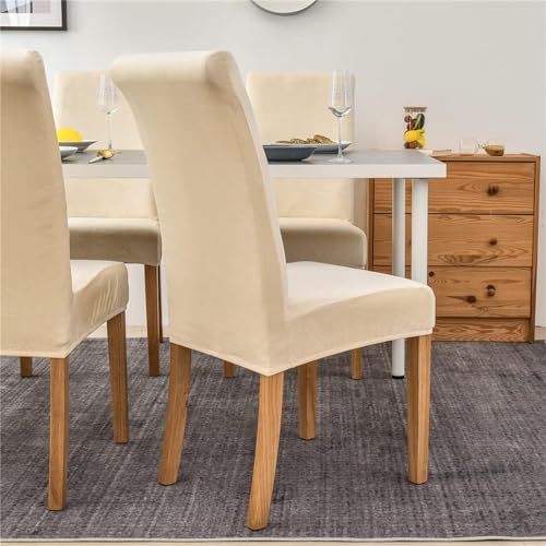 FunBlast Chair Covers - Universal Velvet Chair Cover, Elastic Stretch Removable Washable Dining Chair Cover Protector Seat Slipcover, Short Dining Chair Cover (Beige, Pack of 4) - Image 5