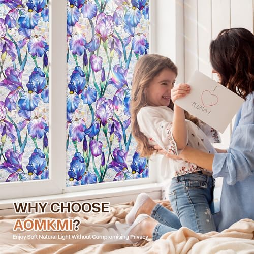 Aomkmi Stained Glass Window Film UV Resistant Window Privacy Film Purple Floral Privacy Rainbow Decals Living Room Bedroom Sun Blocking Decor Removable Static Cling Stickers 17 x 7874 Inch - Image 3