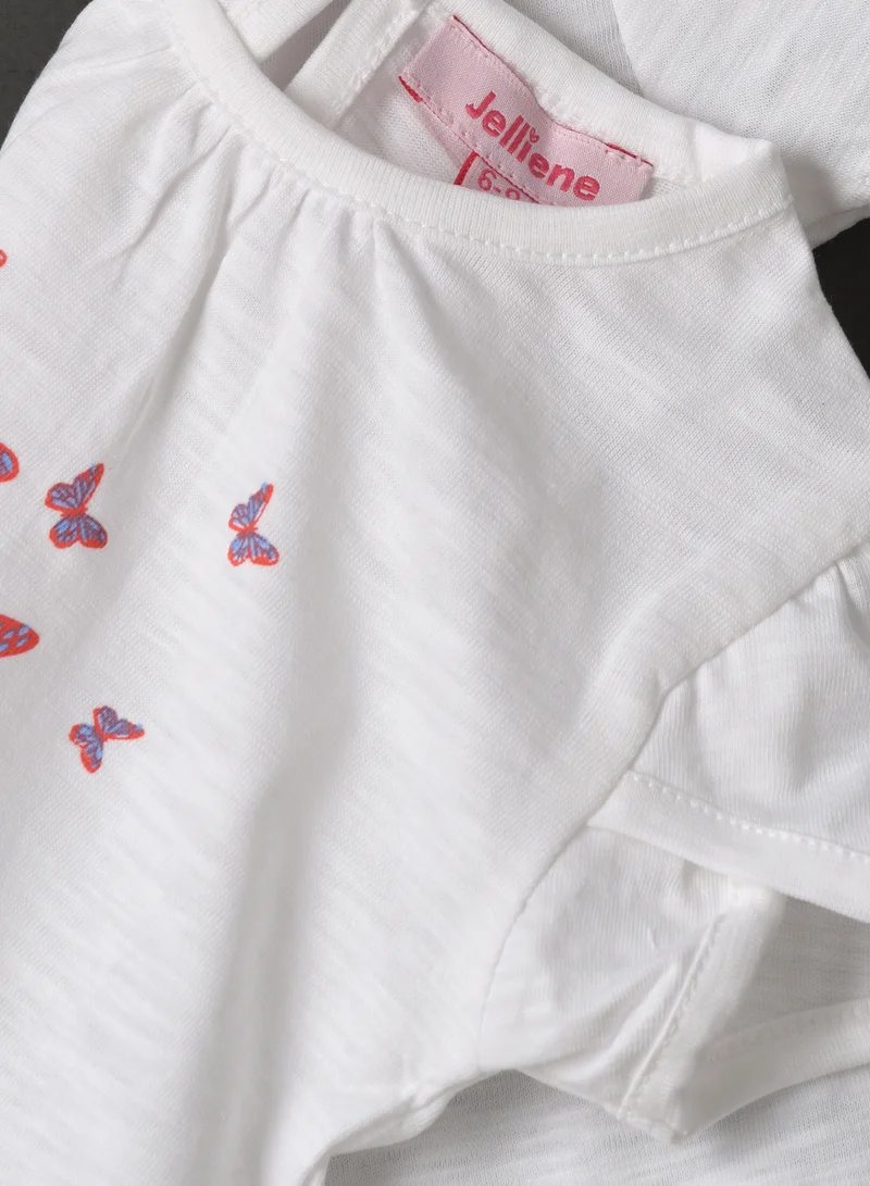 جيلين Girls White Flower & Butterfly Print Tee