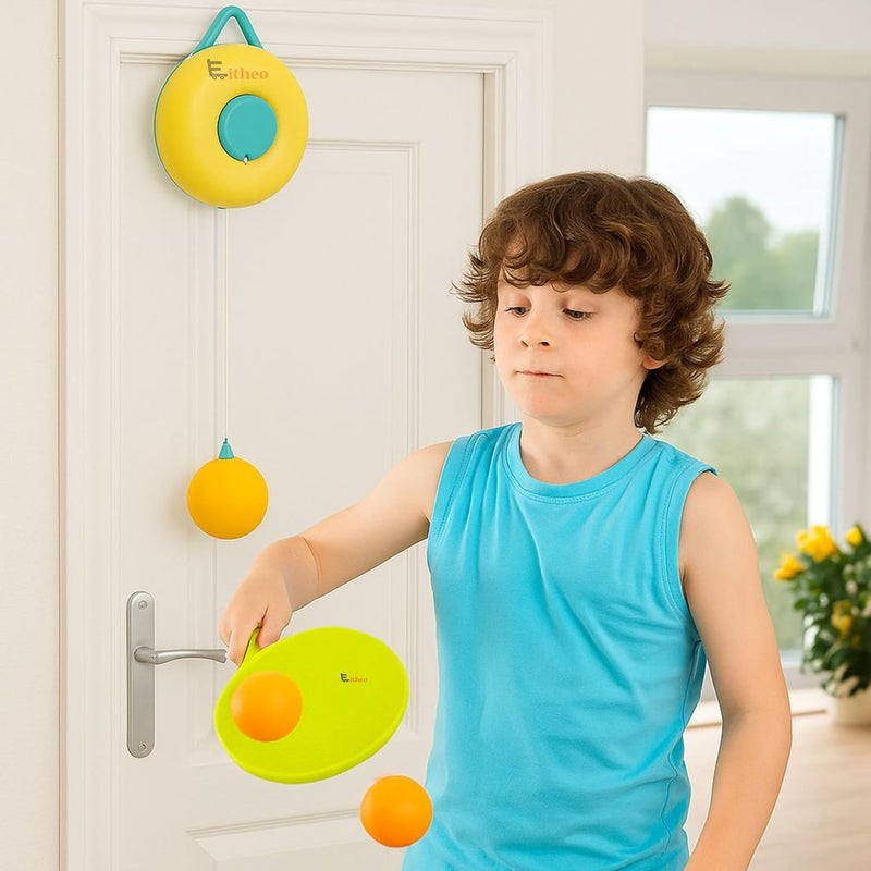 Eitheo طقم تنس طاولة معلق داخلي للأطفال، طقم لعبة تدريب ذاتي لتنس الطاولة مع 3 كرات بينغ بونغ و1 زوج من المضارب، طقم تدريب تنس طاولة محمول وقابل للتعديل للأطفال - متعدد الألوان - Image 2