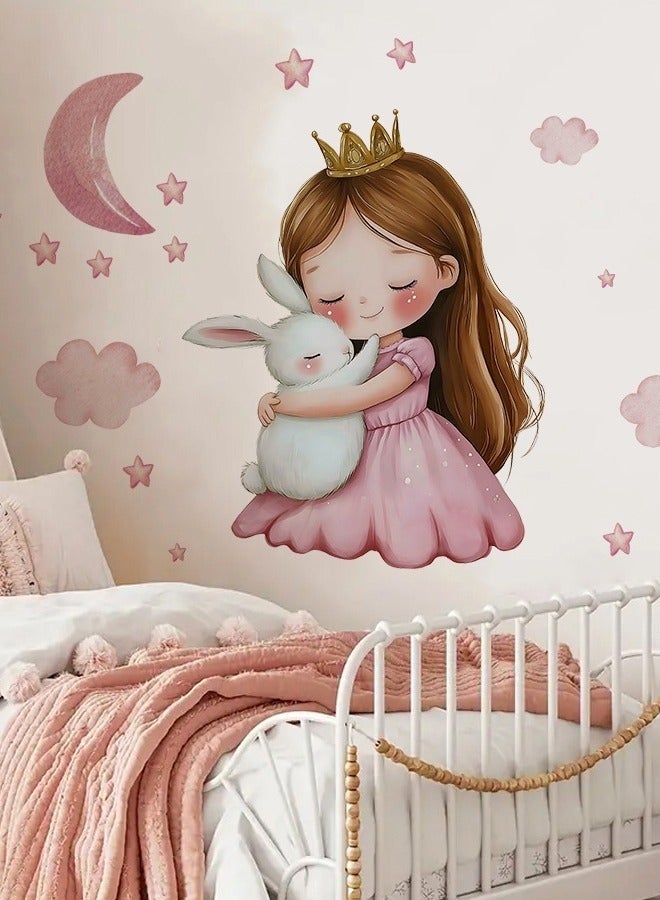 Forest Home Cute Princess with Bunny Self-Adhesive Wall Stickers, Pink Nursery Kids Room Decor, Starry Sky Themed Art Wall Decor Sticker for Girls Bedroom Nursery, Kids Room - Image 1