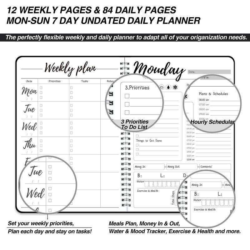 KAICN Weekly Work Planner with Hourly Schedules, To Do List, Tasks, Expense Tracker 7 Days Daily Planner Self-Care for Organizing Meals, Water Take-in, Mood, Exercise & Health, 10 x 7.3 inches - Image 3