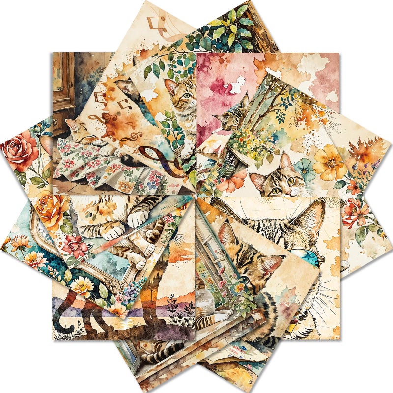 PIGBIT 12 Sheets Vintage Cottagecore Watercolor Cat Scrapbook Paper Pack 6" x 6" â€“ Floral Aesthetic Decoupage Craft Paper for Junk Journals, Card Making, Collage, DIY Art Supplies - Image 1