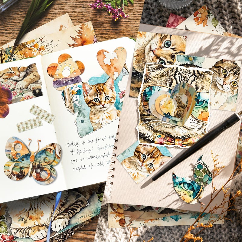 PIGBIT 12 Sheets Vintage Cottagecore Watercolor Cat Scrapbook Paper Pack 6" x 6" â€“ Floral Aesthetic Decoupage Craft Paper for Junk Journals, Card Making, Collage, DIY Art Supplies - Image 4