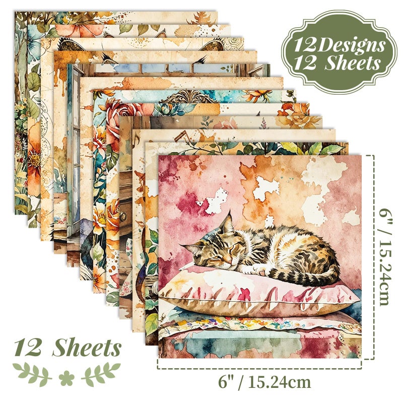 PIGBIT 12 Sheets Vintage Cottagecore Watercolor Cat Scrapbook Paper Pack 6" x 6" â€“ Floral Aesthetic Decoupage Craft Paper for Junk Journals, Card Making, Collage, DIY Art Supplies - Image 2