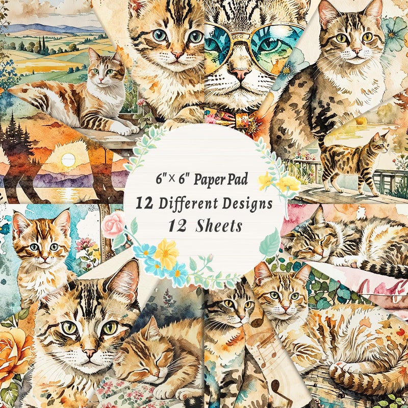 PIGBIT 12 Sheets Vintage Cottagecore Watercolor Cat Scrapbook Paper Pack 6" x 6" â€“ Floral Aesthetic Decoupage Craft Paper for Junk Journals, Card Making, Collage, DIY Art Supplies - Image 5