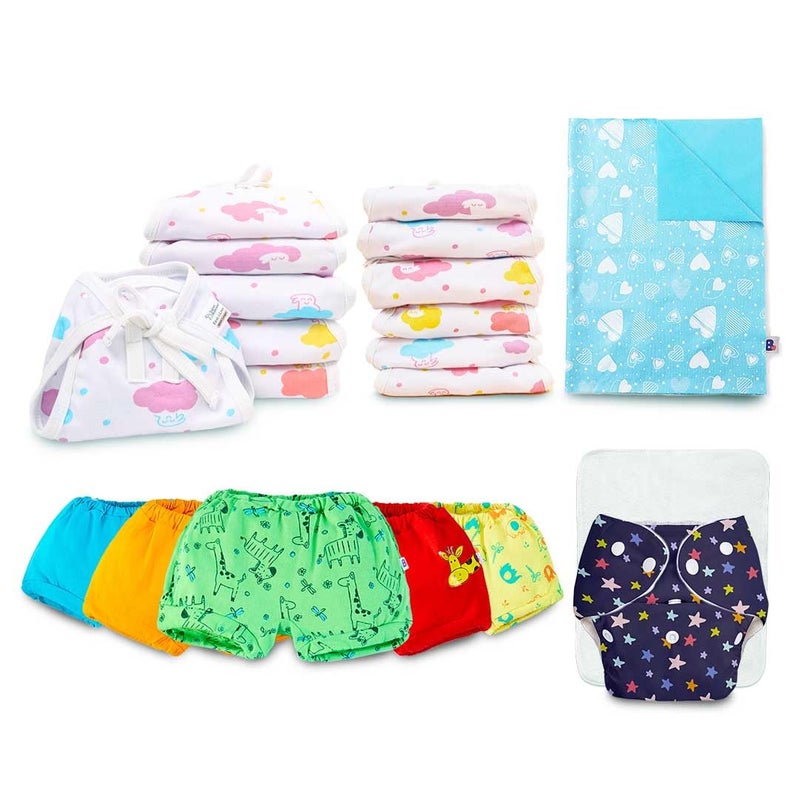 Superbottoms حفاضات قماش قابلة لإعادة الاستخدام للأطفال من سوبر بوتومز - (نجمة زرقاء) للأطفال من 0-3 سنوات | 5 شورتات ناعمة جدًا للأطفال من 6-9 أشهر | 12 لانغوت أساسية ناعمة وقابلة للتنفس للأطفال من 0-9 أشهر | 1 حصيرة تغيير حفاضات مقاومة للماء - Image 1