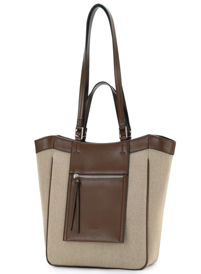 فاشي حقيبة يد نسائية من VASCHY، حقيبة كتف أنيقة من قماش الكانفاس والجلد النباتي بتصميم مرقع، مناسبة للعمل، مصنوعة من قماش الكانفاس. - Image 1