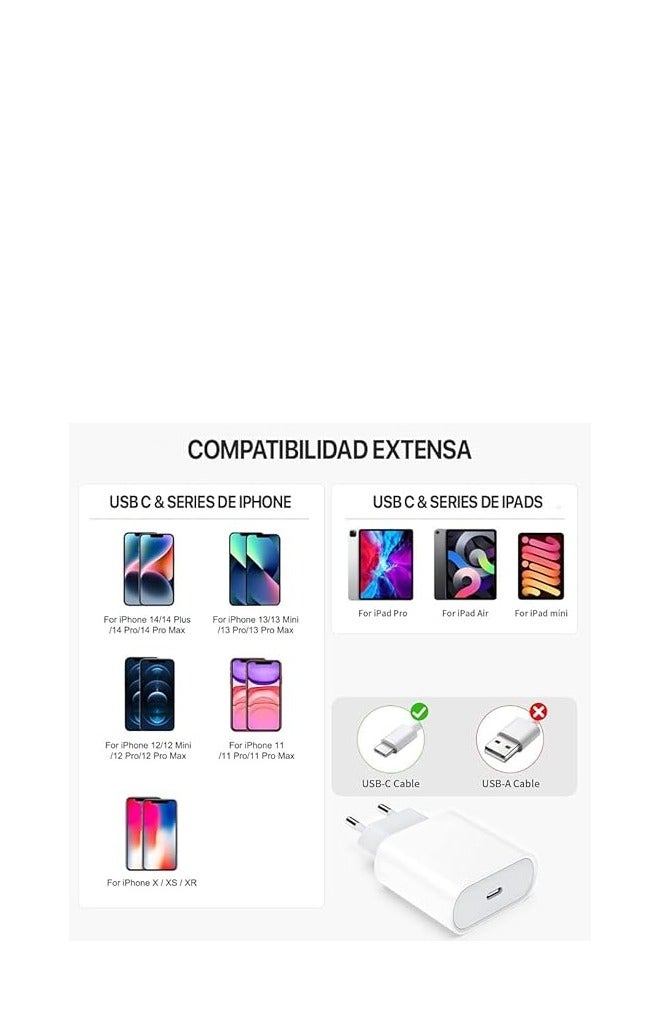 appel Certified  Charger with 20W USB C Fast Charger and 2m Lightning Cable UK PD Adapter for iPhone 14 13 12 11 Pro Max Plus XS SE AirPods White - Image 2