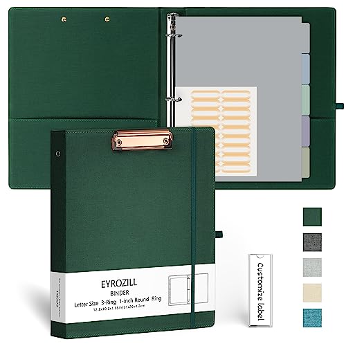 EYROZILL 3 Ring Binder, 1 Inch Linen Binder Organizer for Letter Size (8.5" x 11") with 5 Tab Dividers, File Folder Labels and Low Profile Clipboards, School and Office Supplies-Blackish Green - Image 1