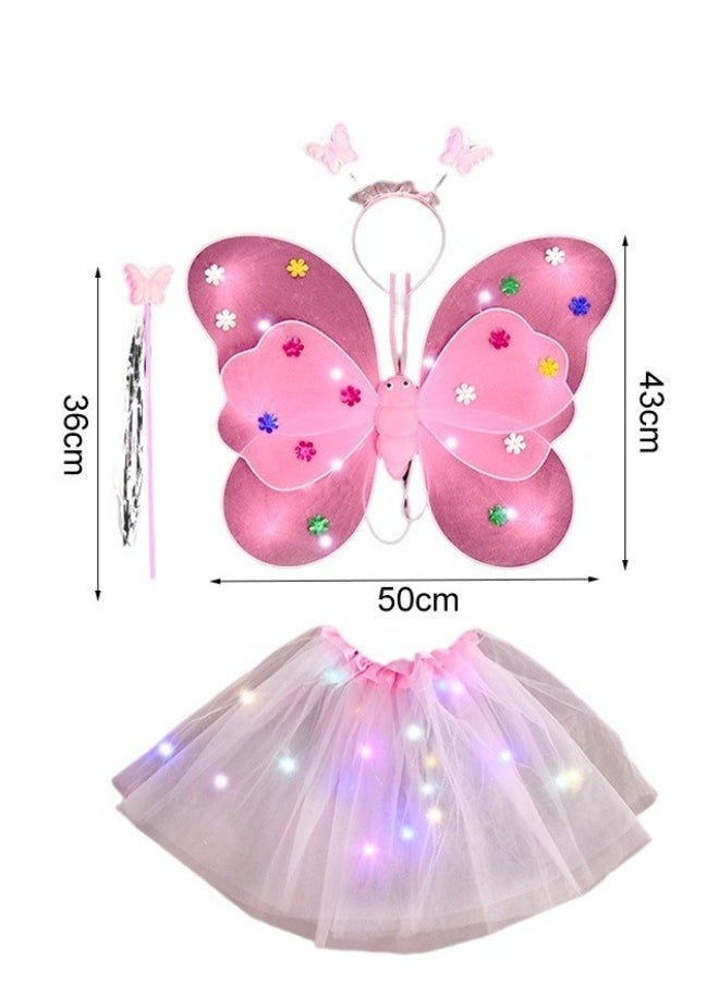4-Piece Girl'S Butterfly Wing Toy Set Luminous Butterfly Wing,With Headband,Skirt,And Little Girl Fairy Tale Stick