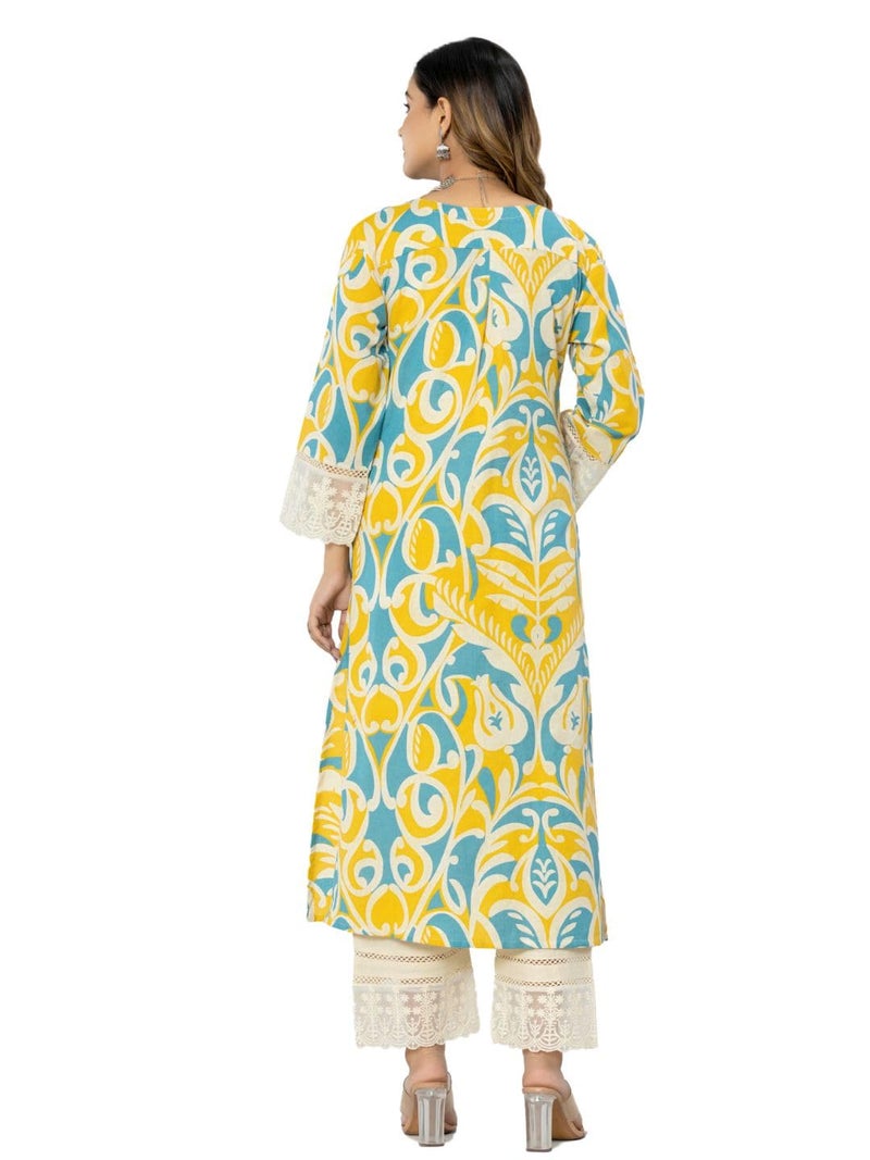 rytras Women's Cotton Printed A-Line Kurta with Pant(RYT563,Yellow,XL) - Image 2