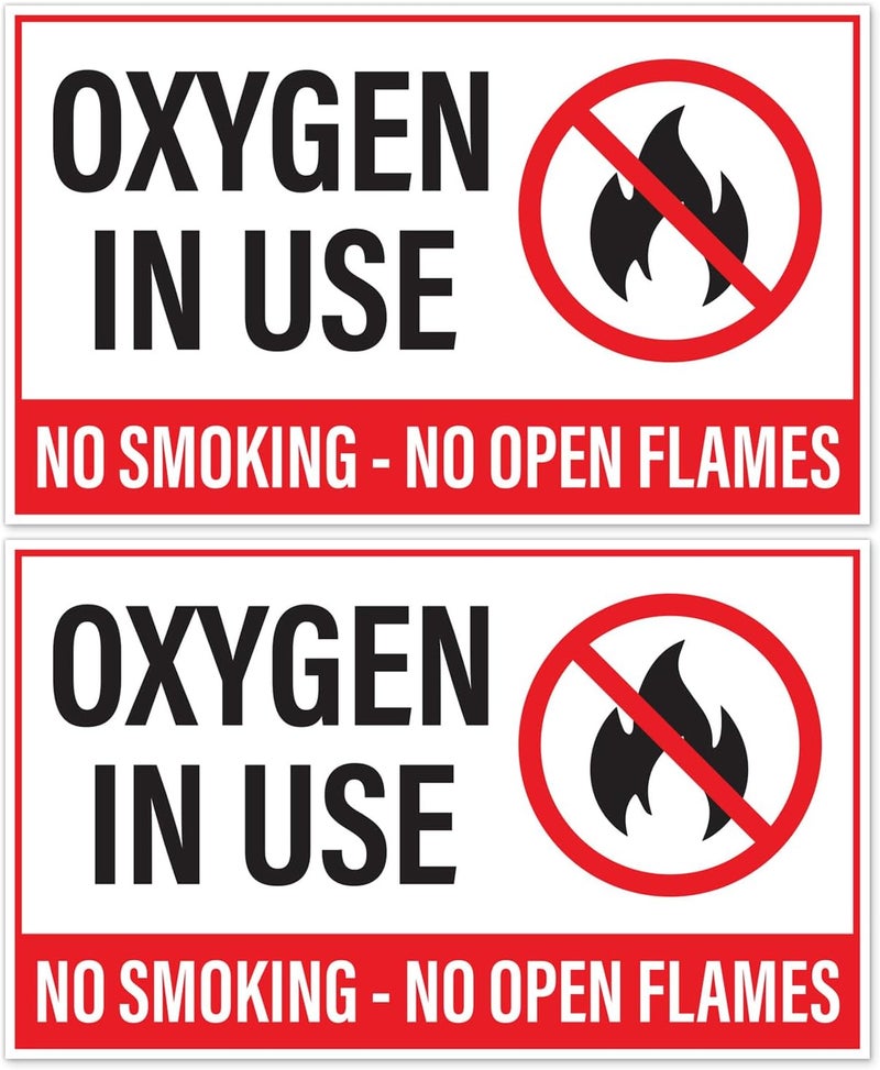 Oxygen in Use No Smoking No Open Flames Stickers, Weatherproof Self Adhesive Vinyl, White/Black/Red, 5" x 3" - Pack of 2