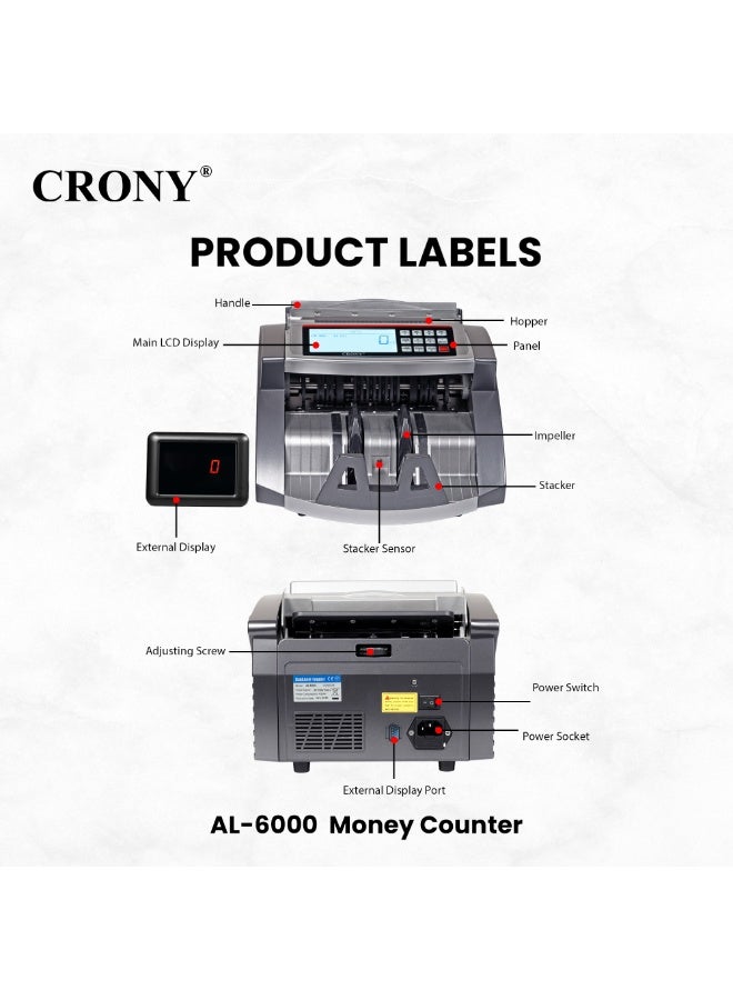 Crony AL-6000 High-Speed Money Counter with UV/Magnetic/IR Detection, 1000pcs/min, Large LCD Display, RS-232 Interface & Batch Function, 1-Year Warranty - Image 2