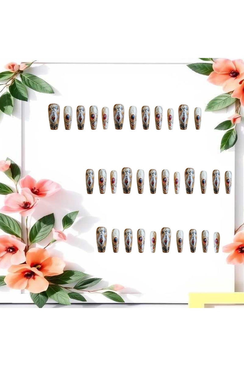 الضغط على الأظافر متوسطة باليه على شكل أحجار الراينز الحمراء الذهبية تصميم نمط التوتم الأظافر الكاذبة الأكريليك غطاء كامل الأظافر الاصطناعية لامعة 24pcs الغراء القابل لإعادة الاستخدام على الأظافر للمرأة - Image 3