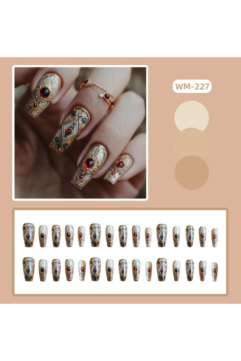 الضغط على الأظافر متوسطة باليه على شكل أحجار الراينز الحمراء الذهبية تصميم نمط التوتم الأظافر الكاذبة الأكريليك غطاء كامل الأظافر الاصطناعية لامعة 24pcs الغراء القابل لإعادة الاستخدام على الأظافر للمرأة - Image 2
