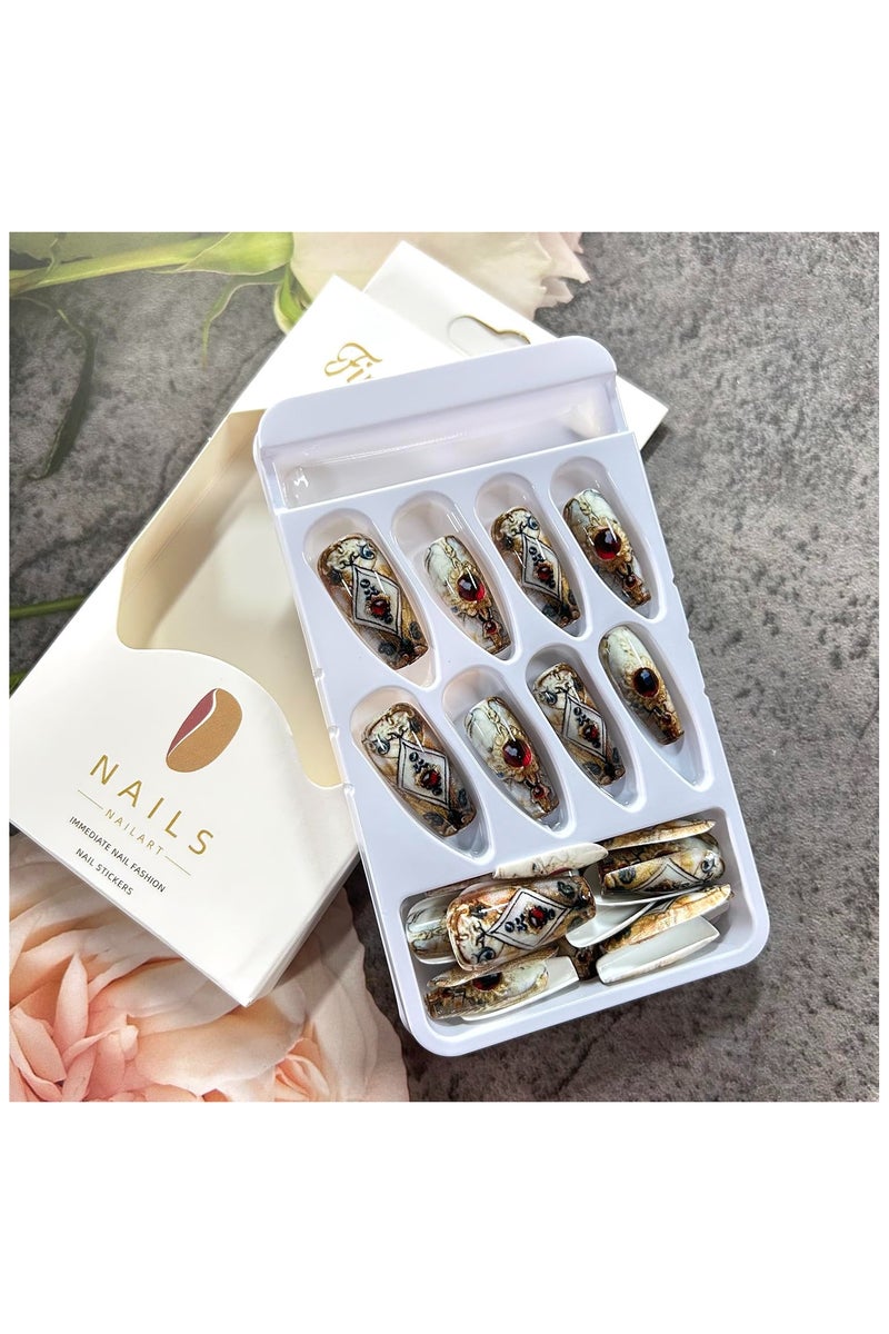 الضغط على الأظافر متوسطة باليه على شكل أحجار الراينز الحمراء الذهبية تصميم نمط التوتم الأظافر الكاذبة الأكريليك غطاء كامل الأظافر الاصطناعية لامعة 24pcs الغراء القابل لإعادة الاستخدام على الأظافر للمرأة - Image 4