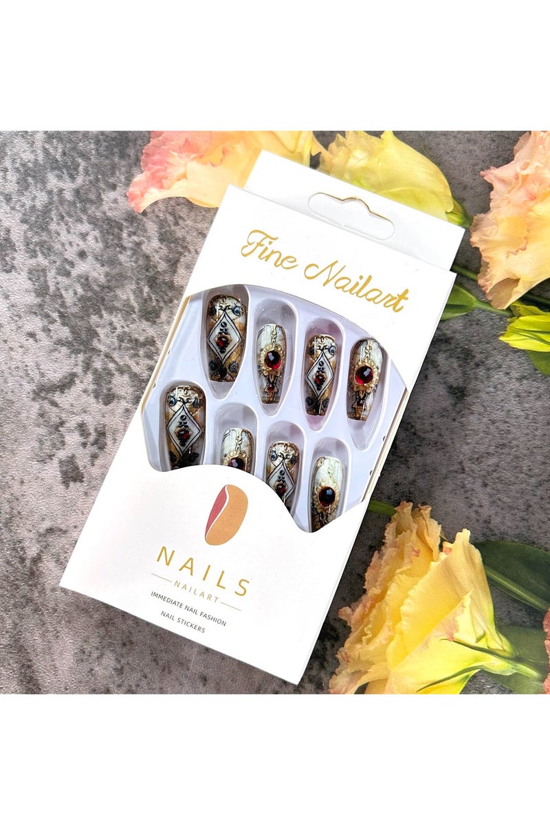 الضغط على الأظافر متوسطة باليه على شكل أحجار الراينز الحمراء الذهبية تصميم نمط التوتم الأظافر الكاذبة الأكريليك غطاء كامل الأظافر الاصطناعية لامعة 24pcs الغراء القابل لإعادة الاستخدام على الأظافر للمرأة - Image 5